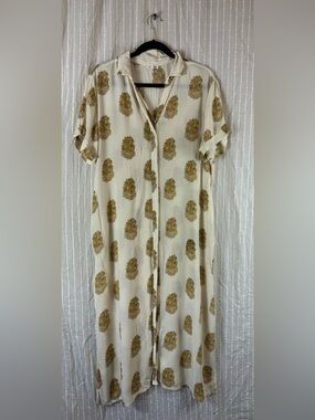 Naturalife Ladies 100% Cotton Button-Up Dress with Gold Floral Print in Large